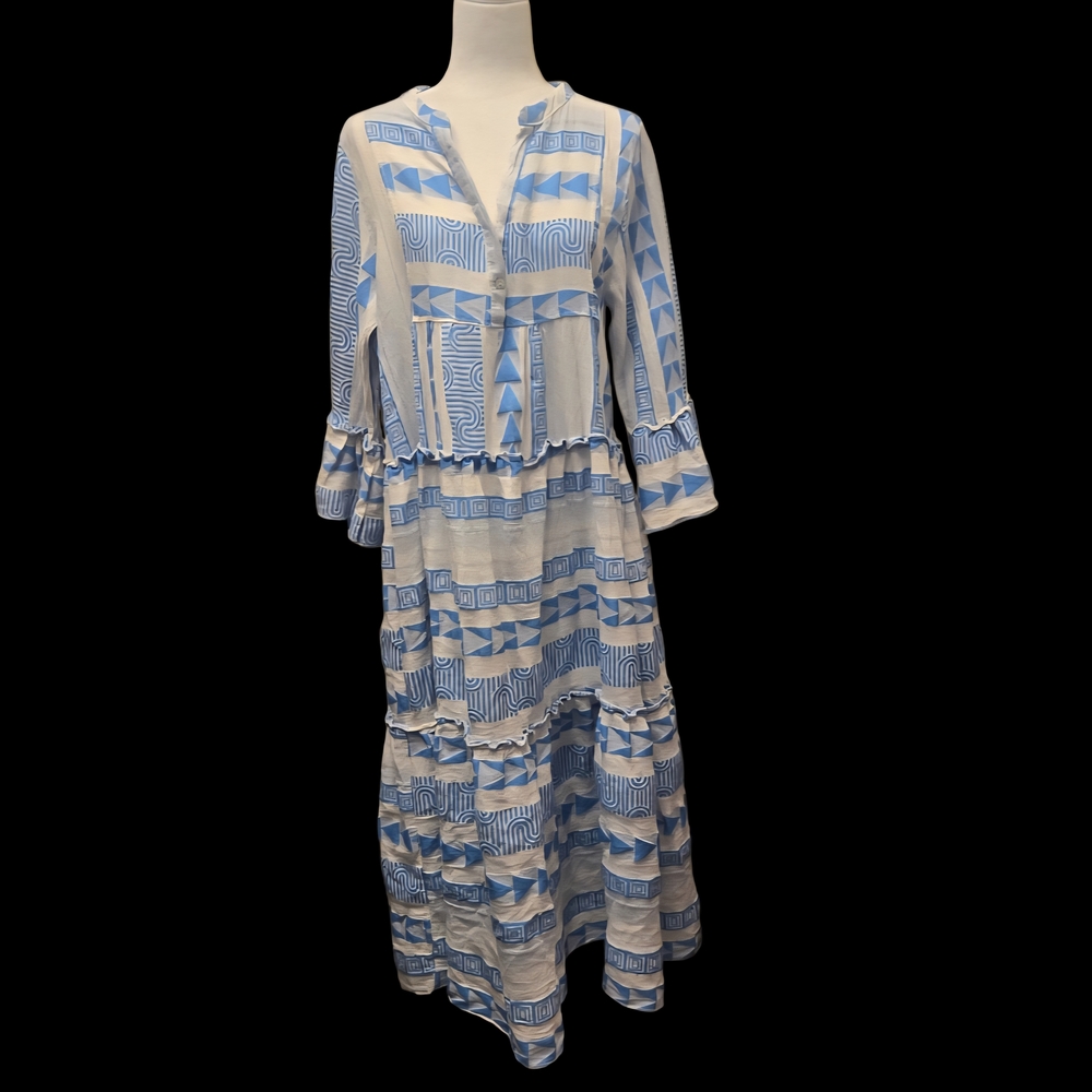 JBL Monica Italy Blue & White Printed Maxi Dress - Lightweight Tiered Design